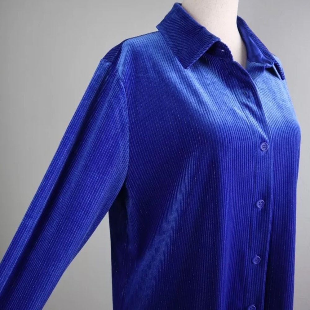 Royal Blue Velvet Button-up Blouse | Large | Soft Surroundings | Silver Stripes - Picture 4 of 16